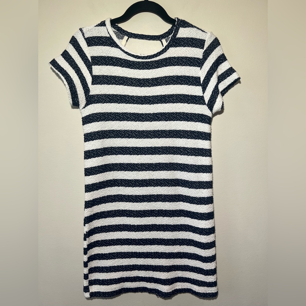 Zara Trafaluc Navy and White Striped Midi Dress Women M Short Sleeve Cut Out